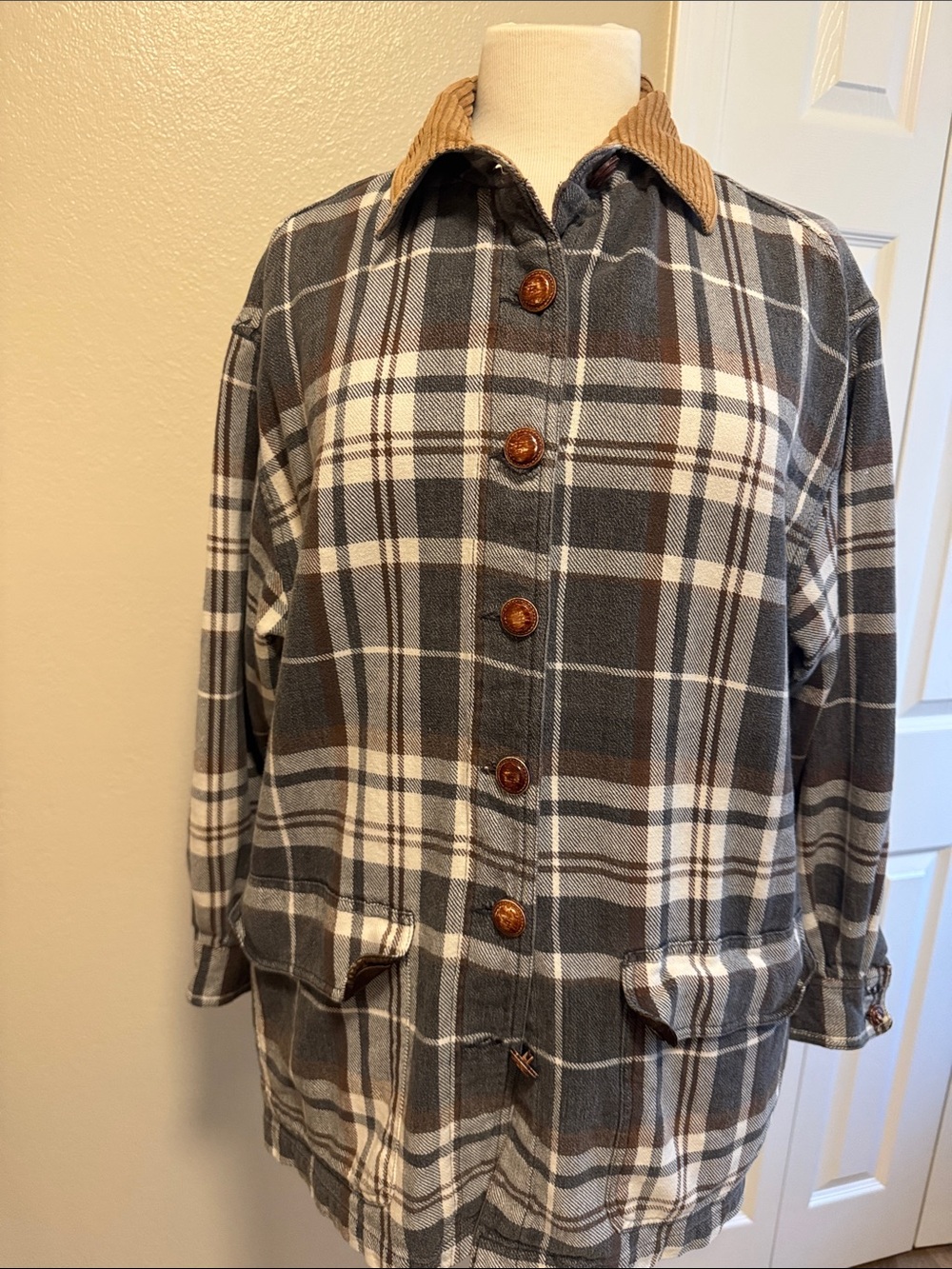 Vintage Krazy Kat Women’s Gray & Brown Plaid Button-Up Jacket